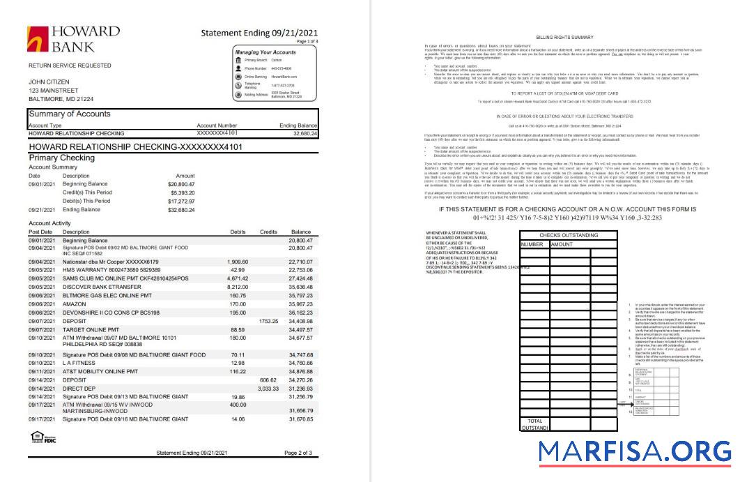 Blank USA Maryland Howard Personal bank statement excel (4 pages) sample